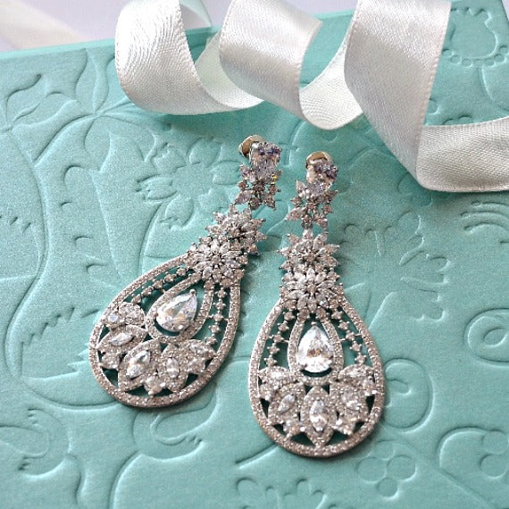 Floral Art Deco Cubic Zirconia Crystal Chandelier Bridal Earrings, Vintage Inspired Statement Wedding Earrings, Bridal Wedding Jewelry