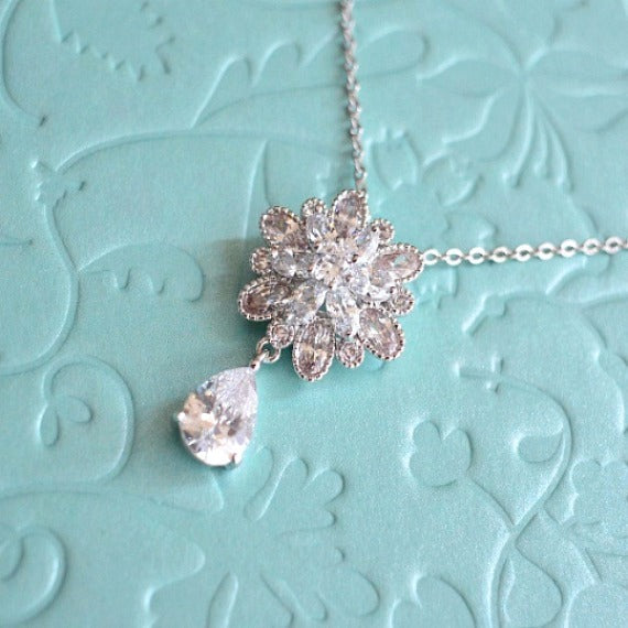 Clear White Cubic Zirconia Flower Drop Necklace. Marquise Cut Flower Charm Bridal Necklace. Wedding Necklace. Bridesmaid Necklace.