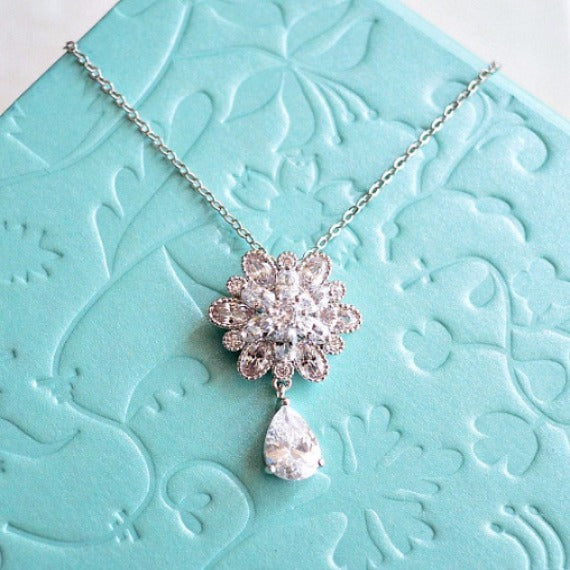 Clear White Cubic Zirconia Flower Drop Necklace. Marquise Cut Flower Charm Bridal Necklace. Wedding Necklace. Bridesmaid Necklace.