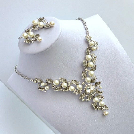 Floral Vine Leaves Rhinestone Pearl Wedding Jewelry Set. Bridal Pearl Jewelry Set. Wedding Earrings And Necklace Set. Bridesmaid Set.