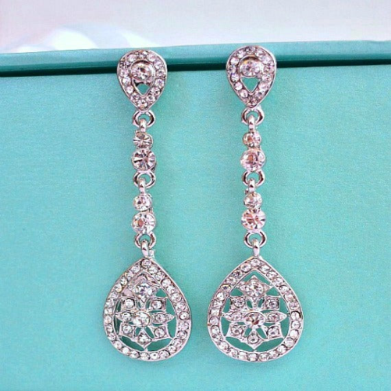 Long Art Deco Bridal Earrings. Vintage Inspired Art Nouveau Crystal Drop Wedding Earring. Rhinestone Chandelier Teardrop Earrings.