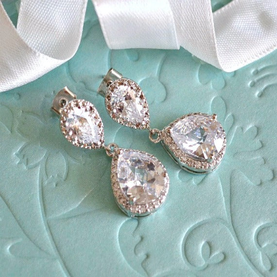 White Gold Bridal Drop Earrings, White Cubic Zirconia Teardrop Earrings, Wedding Jewelry, Bridesmaids Earrings, Bridal Gift