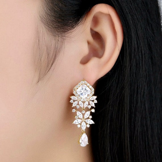 Gold Princess Cut Flower Cubic Zirconia Crystal Earrings. Chandelier Wedding Earrings. Wedding Jewelry. Bridesmaid Earrings. Bridesmaid Gift