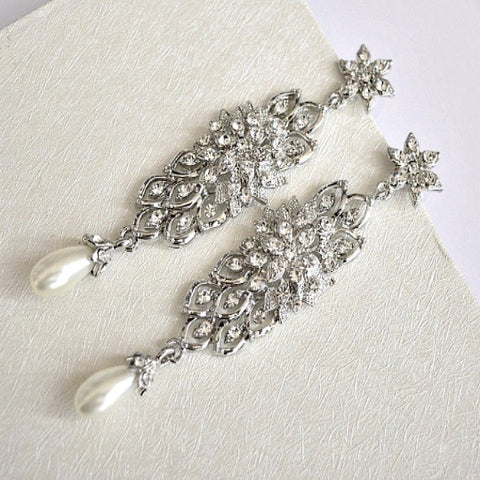 Long Bridal Earrings, Rhinestone Wedding Earrings, Pearl Crystal Chandelier Earrings, Pearl Rhinestone Dangle Statement Earrings