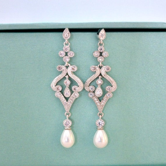 Pearl Drop Bridal Earrings. Pearl Crystal Cubic Zirconia Chandelier Bridal Earrings. Wedding Earrings. Wedding Jewelry. Bridesmaid Earrings.
