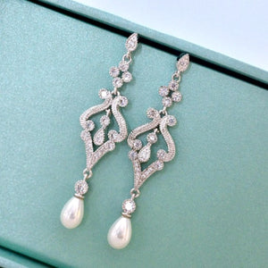 Pearl Drop Bridal Earrings. Pearl Crystal Cubic Zirconia Chandelier Bridal Earrings. Wedding Earrings. Wedding Jewelry. Bridesmaid Earrings.