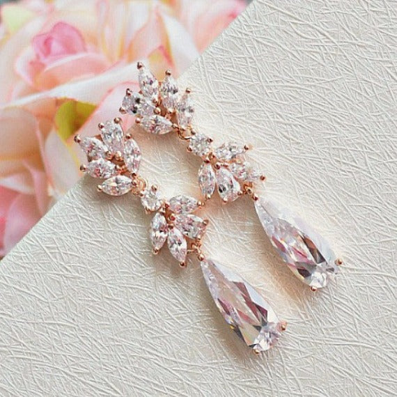 Bridal Drop Earrings. Rose Gold Cubic Zirconia Crystal Dangle Earrings. Floral Marquise Water Drop Crystal Earrings. Rose Gold Wedding.