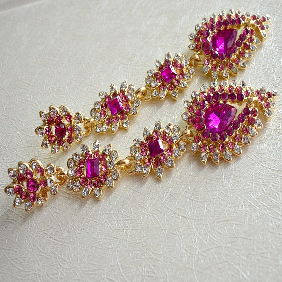 Gold Hot Fuchsia Pink Long Chandelier Earrings, Magenta Bridal Drop Earrings, Raspberry Pink Crystal Wedding Earrings, Pink Wedding