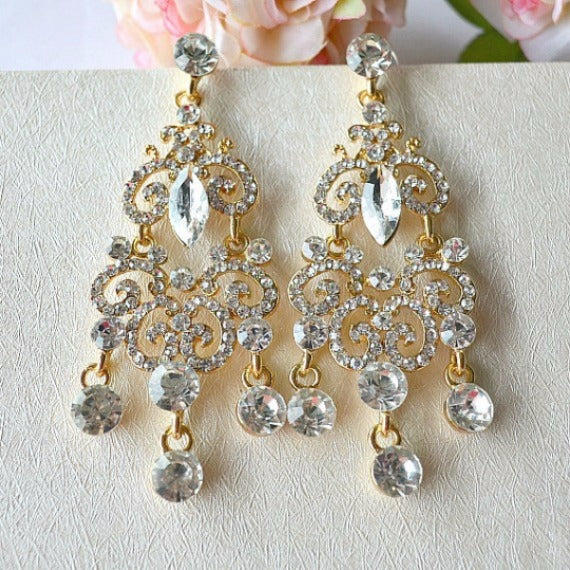 Gold Art Deco Crystal Long Bridal Chandelier Earrings. Rhinestone Wedding Earrings. Vintage Style Statement Bridal Earrings. Wedding Jewelry