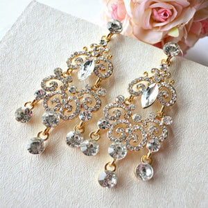 Gold Art Deco Crystal Long Bridal Chandelier Earrings. Rhinestone Wedding Earrings. Vintage Style Statement Bridal Earrings. Wedding Jewelry