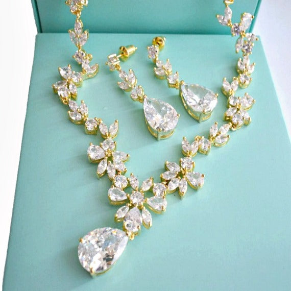 Gold Cubic Zirconia Bridal Jewelry Set. CZ Crystal Wedding Necklace Set. Gold Floral Vine Necklace Earrings Wedding Jewelry Set.