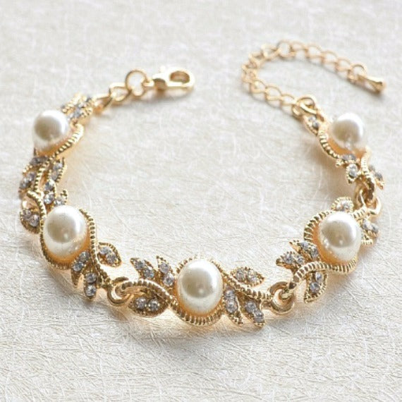 Pearl Rhinestone Gold Bridal Bracelet, Grecian Crystal Leaf Bracelet, Grecian Victorian Vintage Rhinestone Bracelet, Art Deco Pearl Bracelet