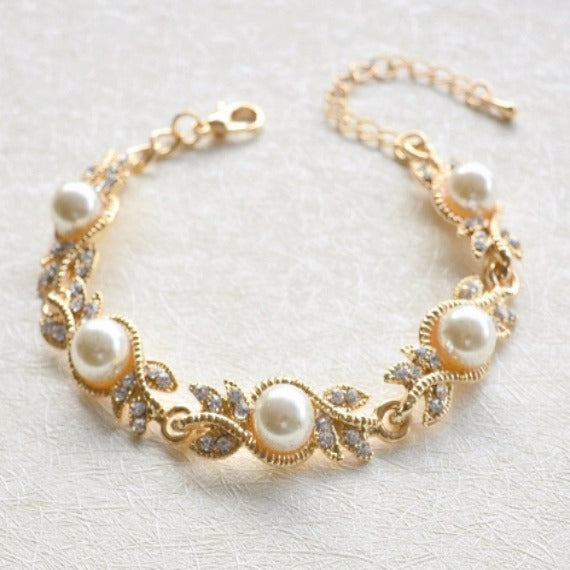 Pearl Rhinestone Gold Bridal Bracelet, Grecian Crystal Leaf Bracelet, Grecian Victorian Vintage Rhinestone Bracelet, Art Deco Pearl Bracelet