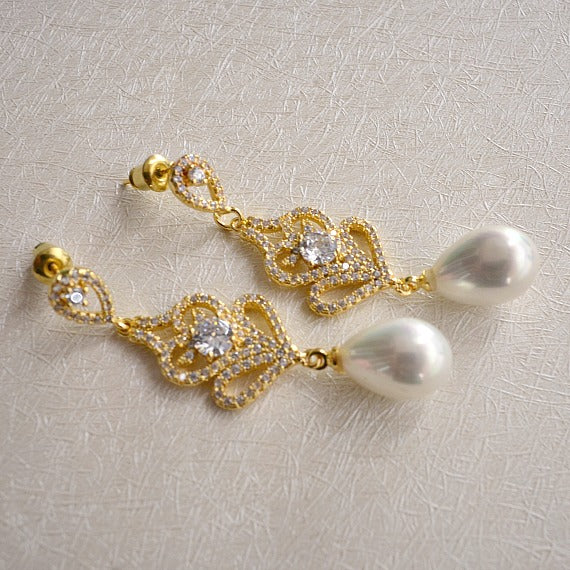Gold Art Deco Pearl Wedding Earrings, CZ Pearl Drop Bridal Earring, Crystal Pearl Dangle Bridal Earring, Bridesmaid Earring, Vintage Wedding