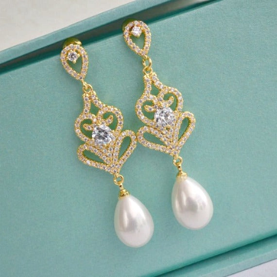 Gold Art Deco Pearl Wedding Earrings, CZ Pearl Drop Bridal Earring, Crystal Pearl Dangle Bridal Earring, Bridesmaid Earring, Vintage Wedding