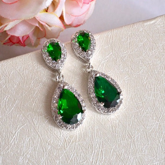 Emerald Teardrop Bridal Earrings, Green CZ Wedding Earrings, Emerald Crystal Bridal Earrings, Green Wedding Bridesmaids Earrings
