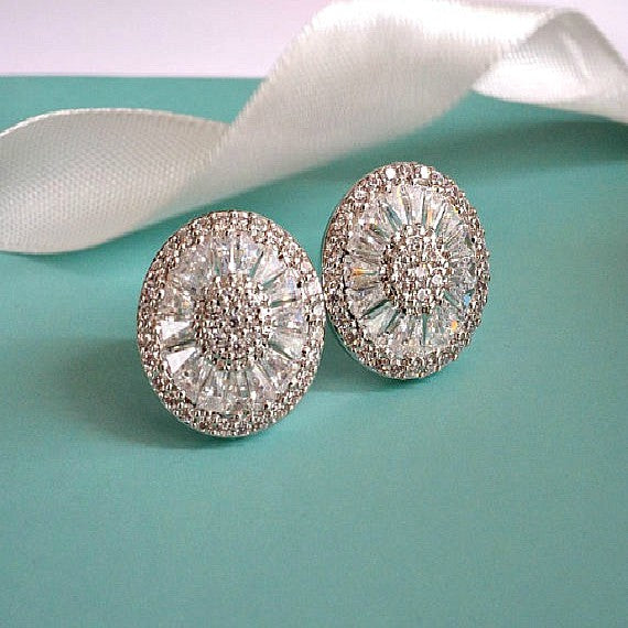White Gold Wedding Stud Earrings. Round Crystal Bridal Stud Earrings. CZ Art Deco Statement Stud Earrings. Bridesmaid Gift Stud Earrings