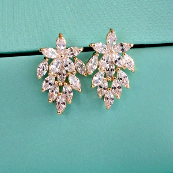 Gold Floral Leaves Marquise Crystal Stud Wedding Earrings. Cubic Zirconia Leaf Stud Bridal Earrings. CZ Art Deco Stud Earrings.