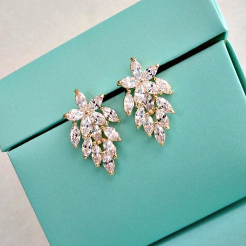 Gold Floral Leaves Marquise Crystal Stud Wedding Earrings. Cubic Zirconia Leaf Stud Bridal Earrings. CZ Art Deco Stud Earrings.