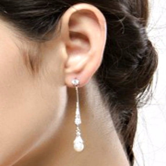 Long Cubic Zirconia Bridal Earrings, Pear Drop Wedding Earrings, Vintage Style Pear Earrings, CZ Crystal Dangle Earrings, Bridesmaid Earrings