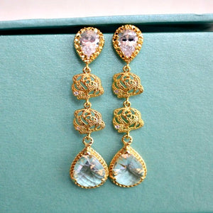 Long Gold Plated Rose Flower Glass Drop Bridal Earrings. Bridal Drop Dangle Earrings. Bridesmaid Earrings. Bridal Drop Dangle Earrings