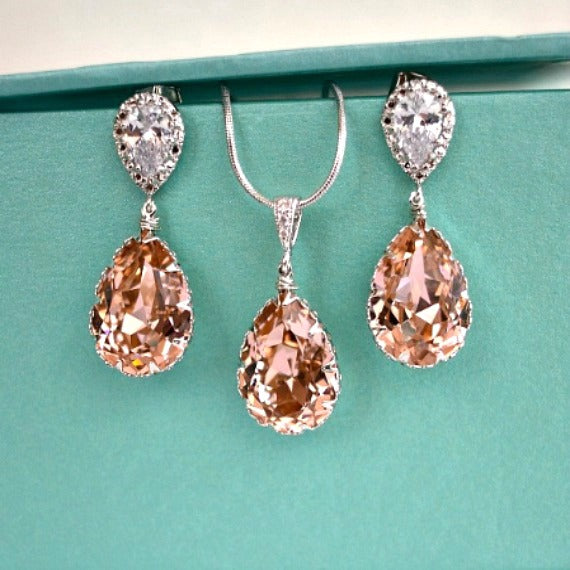 Vintage Rose Peach Teardrop Swarovski Crystals Bridal Earrings Necklace Set. Blush Bridal Jewelry. Bridesmaids Rose Peach Wedding Jewelry.