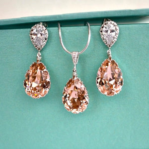 Vintage Rose Peach Teardrop Swarovski Crystals Bridal Earrings Necklace Set. Blush Bridal Jewelry. Bridesmaids Rose Peach Wedding Jewelry.