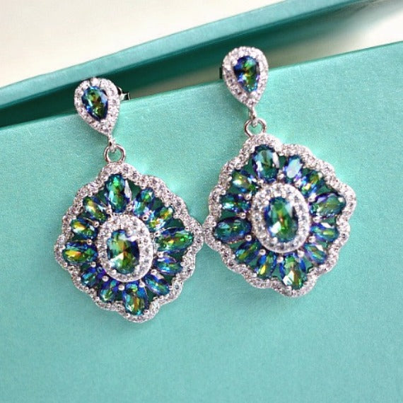 Mystic Peacock Blue Green Rhombus Bridal Earrings. Vitrail Iridescent Crystal Wedding Earrings. Art Deco Chandelier Earrings, CZ Earrings