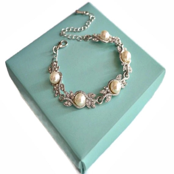 Pearl Rhinestone Silver Bridal Bracelet, Grecian Crystal Leaf Bracelet, Grecian Victorian Vintage Rhinestone Bracelet, Deco Pearl Bracelet