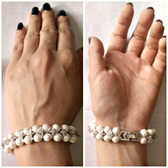 Classic Two Strand CZ Crystal Bridal Pearl Cuff Bracelet, Cubic Zirconia Pearl Wedding Bracelet, Art Deco Link Bracelet, Vintage Style Cuff