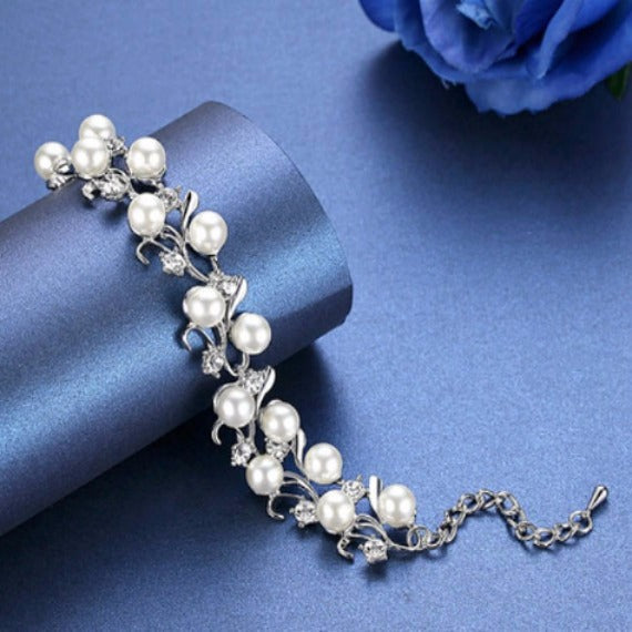 Vine Pearl Bridal Bracelet, Rhinestone Crystal Leaves Woodland Wedding Bracelet, Pearl Wedding Bracelet, Grecian Crystal Leaf Bracelet.