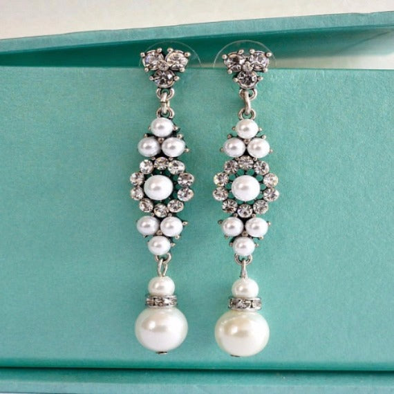 Floral Crystal Pearl Chandelier Earrings, Crystal Bridal Pearl Earrings, Rhinestone Dangle Wedding Earrings, Vintage Style Bridal Earrings