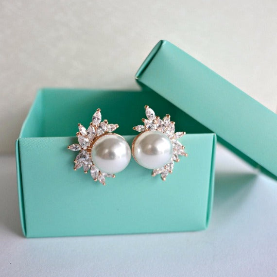 Rose Gold Bridal Pearl Stud Earrings, Pearl Marquise CZ Leaf Crystals Wedding Stud Earrings, Vintage Style Art Deco Bridal Earrings