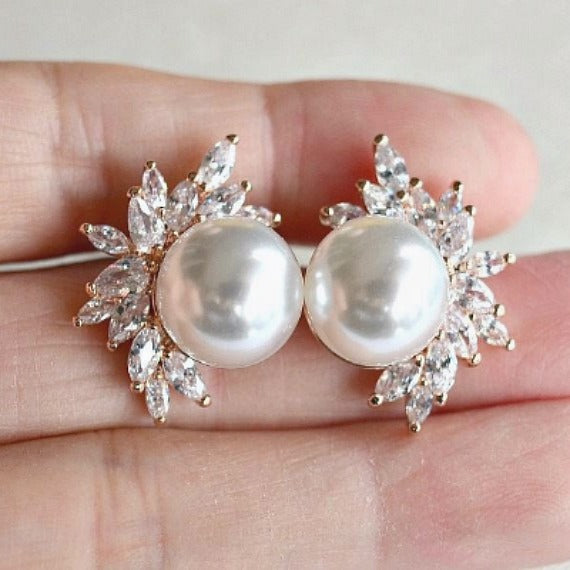 Rose Gold Bridal Pearl Stud Earrings, Pearl Marquise CZ Leaf Crystals Wedding Stud Earrings, Vintage Style Art Deco Bridal Earrings