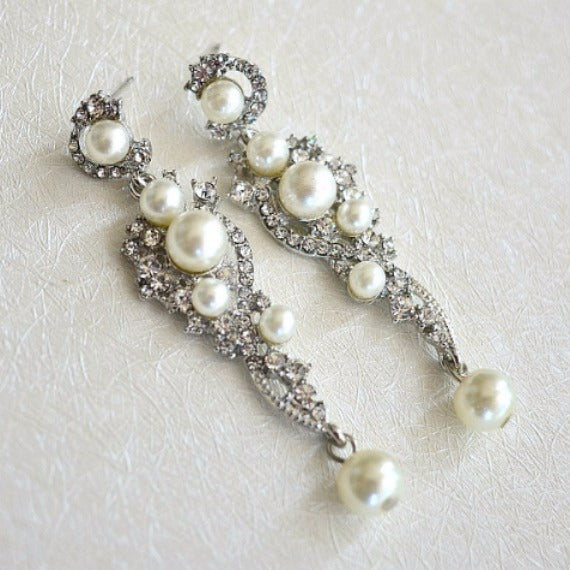 Pearl Drop Chandelier Earrings. Long Pearl Wedding Earrings. Rhinestone Dangle Earrings. Pearl Bridal Earrings. Vintage Style Pearl Earrings