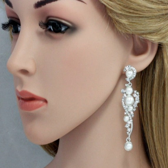 Pearl Drop Chandelier Earrings. Long Pearl Wedding Earrings. Rhinestone Dangle Earrings. Pearl Bridal Earrings. Vintage Style Pearl Earrings
