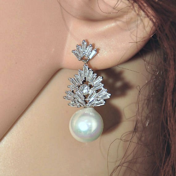 Crystal Pearl Drop Bridal Earrings. CZ Pearl Wedding Earrings. Art Deco Zirconia Dangling Stud Earrings. Bridesmaid Earring. Wedding Jewelry