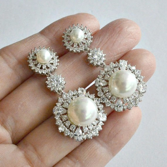 Pearl CZ Crystal Art Deco Bridal Earrings, Cubic Zirconia Pearl Chandelier Wedding Earrings, Pearl Drop Statement Earrings, Bridesmaids Gift