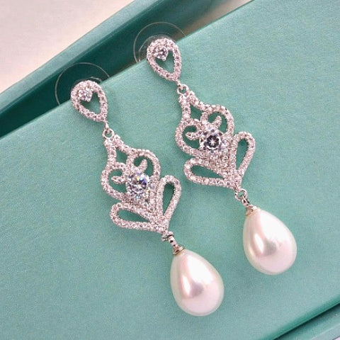 CZ pearl drop bridal earrings