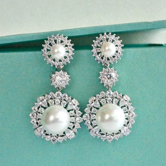 Pearl CZ Crystal Art Deco Bridal Earrings, Cubic Zirconia Pearl Chandelier Wedding Earrings, Pearl Drop Statement Earrings, Bridesmaids Gift