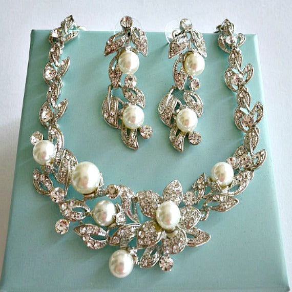Floral Leaves Pearl Rhinestone Bridal Jewelry Set. Wedding Jewelry Set. Pearl Crystal Wedding Necklace Earrings Set. Vintage Wedding Jewelry