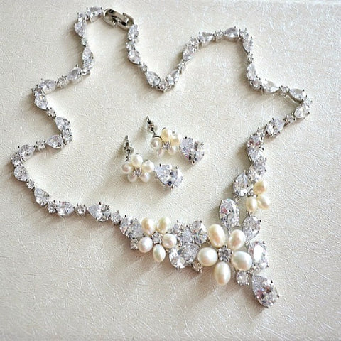 Floral Pearl And Crystal Wedding Necklace Earrings Set. CZ Pearl Bridal Jewelry Set. Cubic Zirconia Wedding Jewelry. Bridesmaid Jewelry Set