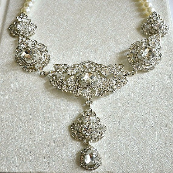 Pearl Rhinestone Wedding Necklace, Crystal Filigree Bridal Necklace, Victorian Statement Choker Necklace, Vintage Style Wedding Jewelry