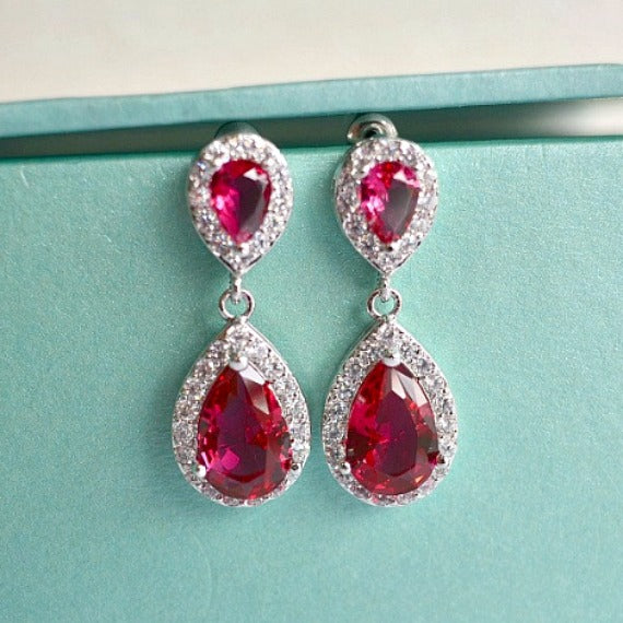 Cubic Zirconia Ruby Teardrop Chandelier Bridal Earrings, Red Ruby Wedding Earrings, Siam Earrings, Red CZ Crystal Drop Bridesmaid Earrings