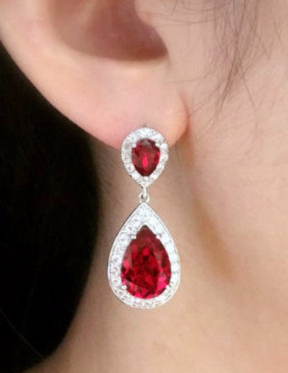 Cubic Zirconia Ruby Teardrop Chandelier Bridal Earrings, Red Ruby Wedding Earrings, Siam Earrings, Red CZ Crystal Drop Bridesmaid Earrings