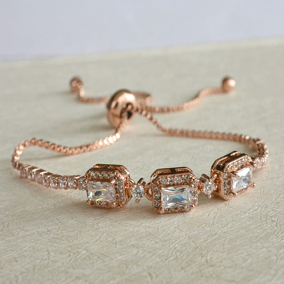 Rose Gold Halo Square Crystal Bridal Bracelet, CZ Crystal Wedding Bracelet, Bangle Bracelet, Adjustable Slide Bracelet, Bridesmaid Bracelet