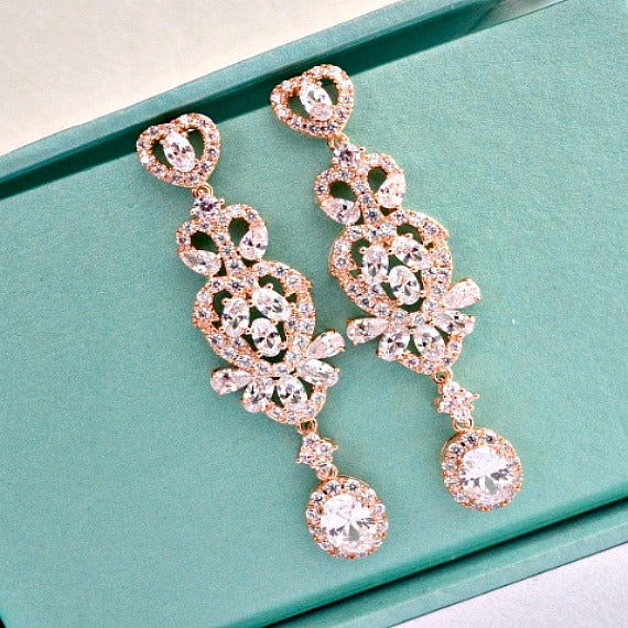 Art Deco Vintage Style Rose Gold Bridal Earrings, CZ Crystal Wedding Earrings, Long Chandelier Statement Earrings, Bridesmaid Earrings