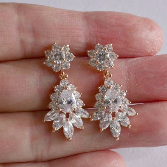 Rose Gold Art Deco Floral Bridal Earrings. Rose Gold Cubic Zirconia Crystal Dangle Earrings. Rose Gold Marquise CZ Crystal Wedding Earrings.