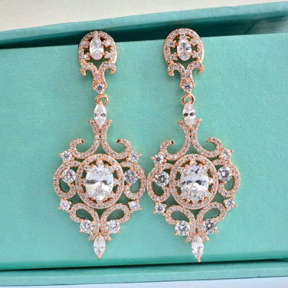 Rose Gold Art Deco Wedding Earrings. Long Crystal CZ Chandelier Wedding Earrings. Victorian Dangle Wedding Earrings. Vintage Bridal Earrings