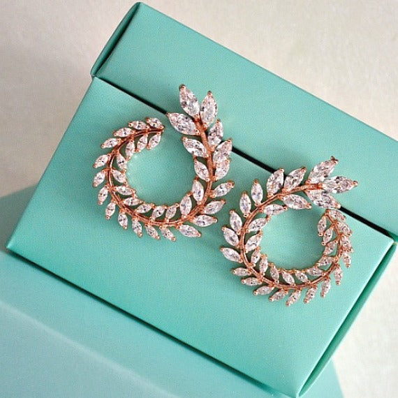 Rose Gold Laurel Wreath Crystal Bridal Earrings, CZ Grecian Leaves Wedding Stud Earrings, Rose Gold Leaf Earrings, Greek Goddess Earrings